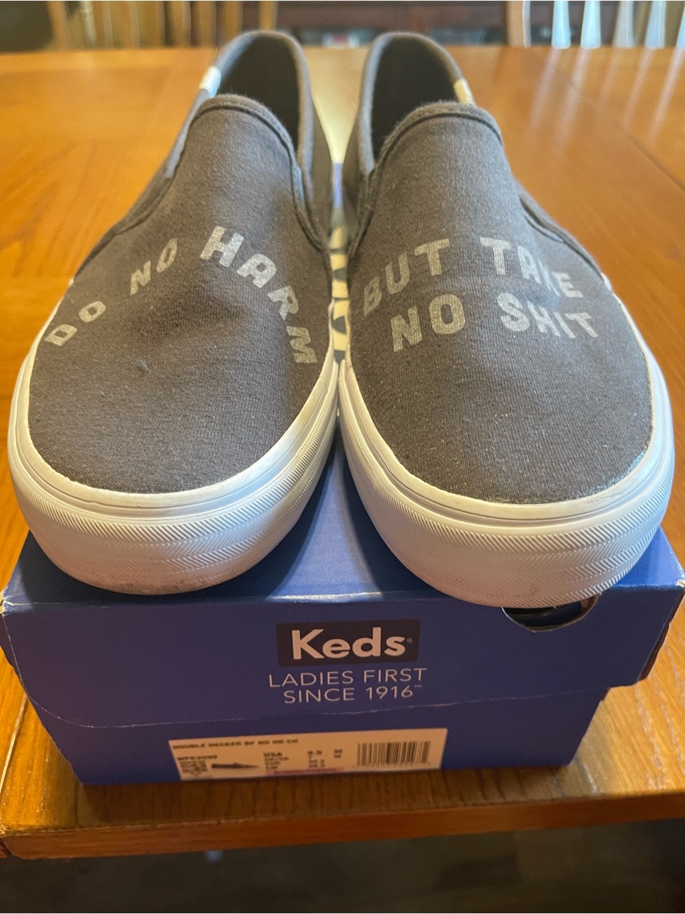 Keds Gray Slip-On Sneakers with White Sole and Printed Slogan
